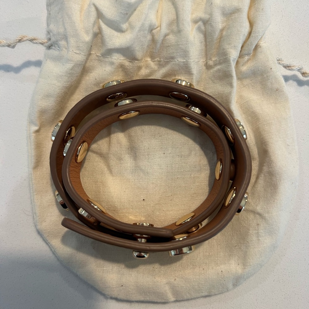 Tory Burch Tan Leather Wrap Bracelet and Silver Hoop Earrings
